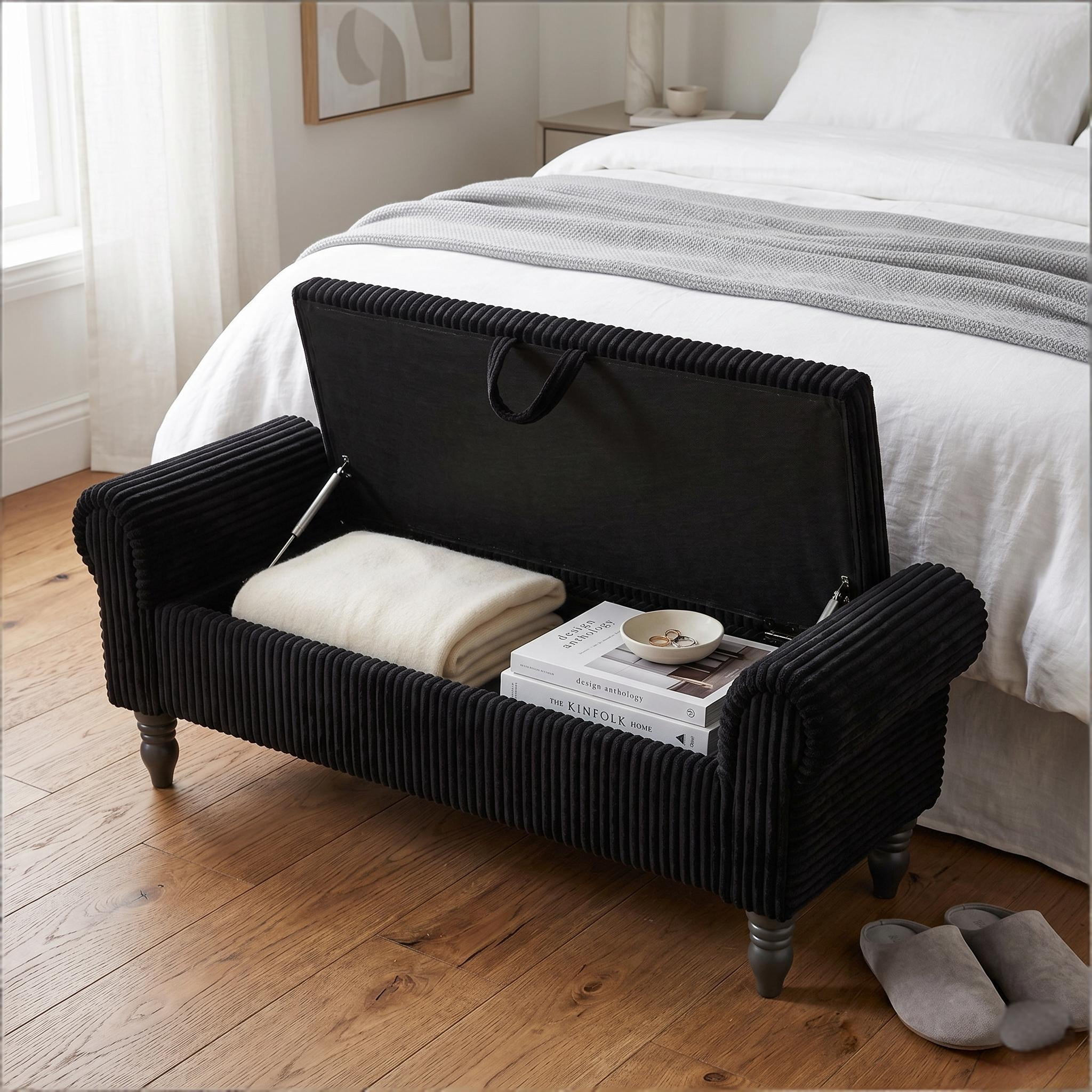 51.5" Corduroy Storage Ottoman Bench, Upholstered End of Bed Bench for Bedroom Living Room Entryway Window Seat（Black）