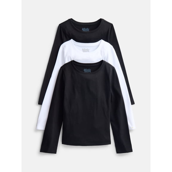 Wonder Nation Girls Kid Tough Tee with Long Sleeves, 3 Pack, Sizes 4-18 & Plus