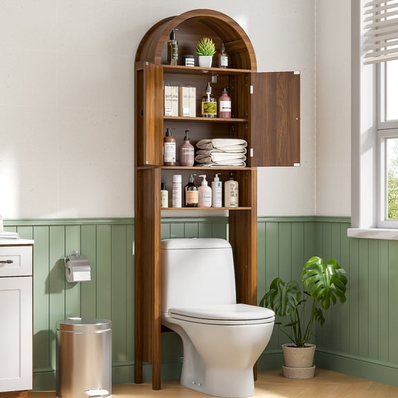 Over The Toilet Storage Cabinet, 4 Tier Bathroom Shelf Organizer with Doors, Walnut