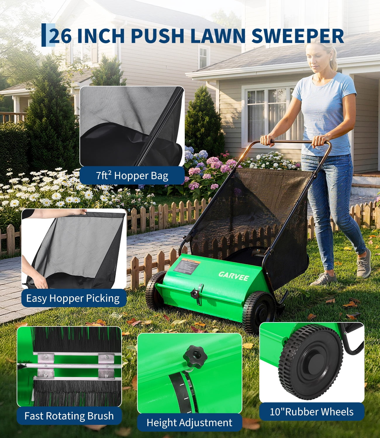 26-Inch Push Lawn Sweeper – 7 Cu. ft Mesh Grass Cutter – Adjustable Height – 4 High-Speed Spinning PP Brushes – Durable Steel Frame & Rubber Wheels – Yard Leaf and Grass Collector