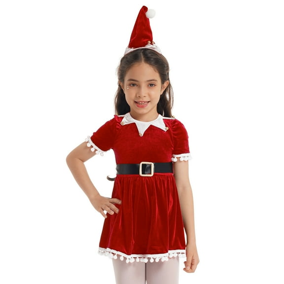 TiaoBug Kids Girls Christmas Santa Claus Costume Tassel Tutu Dress with Hat Belt Set