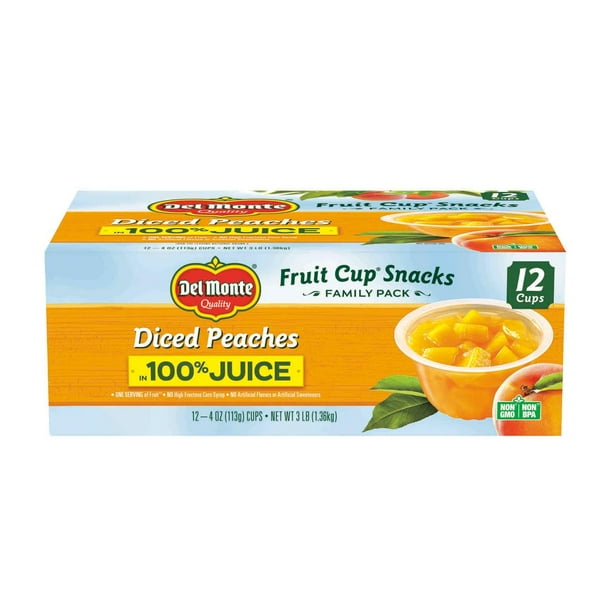 Del Monte Fruit Cup Snacks Diced Peaches in 100 Juice, 48 Oz, 12 Count
