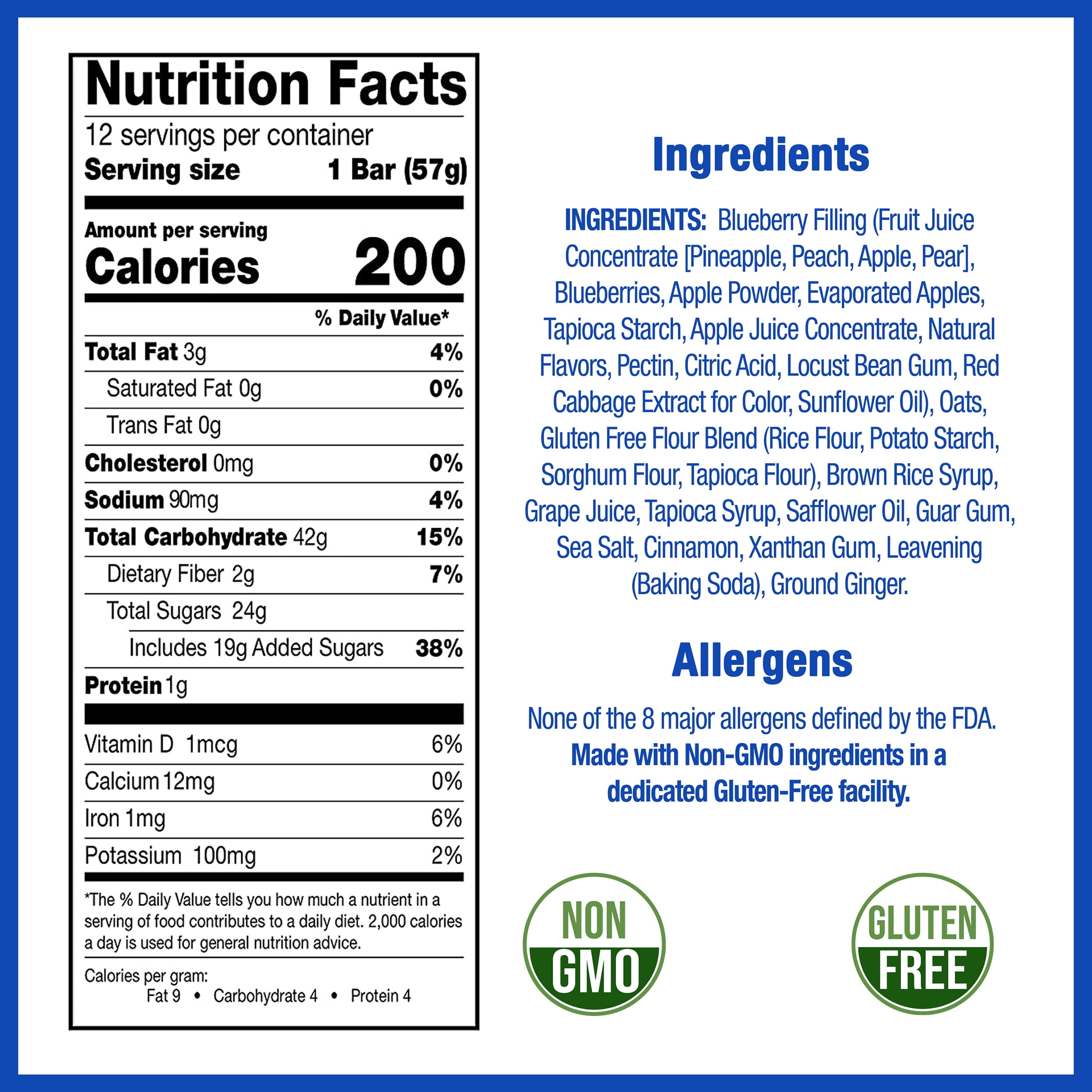 Betty Lou's Blueberry Fruit Bars, Vegan, Gluten Free Snacks 12 Count
