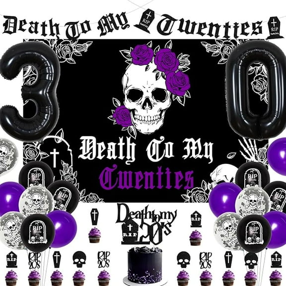 Death to My 20s Dirty 30 Birthday Decorations, Black & Purple Balloons, Number 30, Banner, Backdrop, Cake Topper, Cupcake Toppers