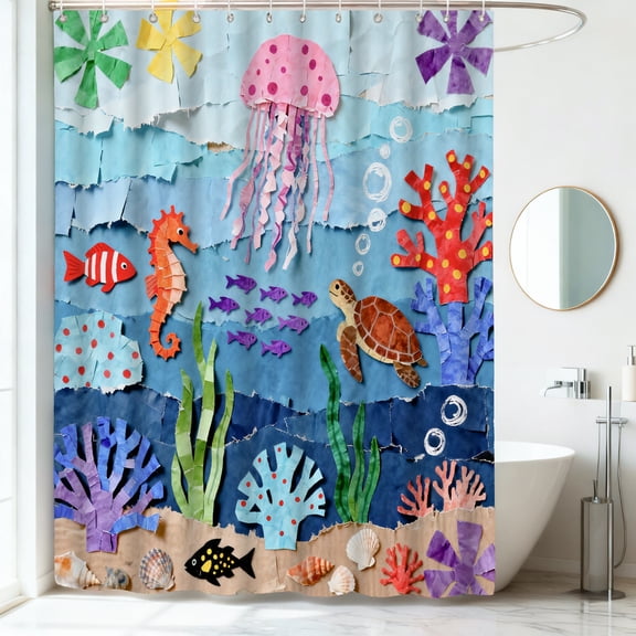 Annvchi Cute Beach Ocean Shower Curtain,Sea Ocean Anime Bathroom Curtain,Funny Cute Waterproof Fabric Shower Curtains for Bathroom,72x72 Inches