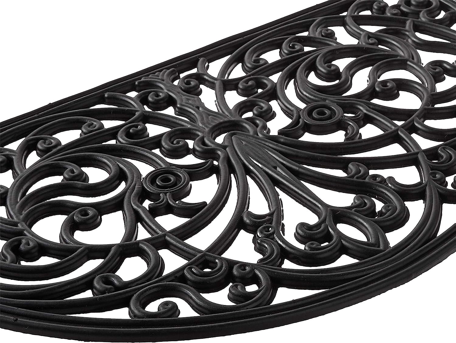 Rubber Scroll Doormat Half Moon Mat, Indoor Outdoor Entrance Mat, Low Clearance, Functional and Easy to Clean, Wrought Iron Scroll Design