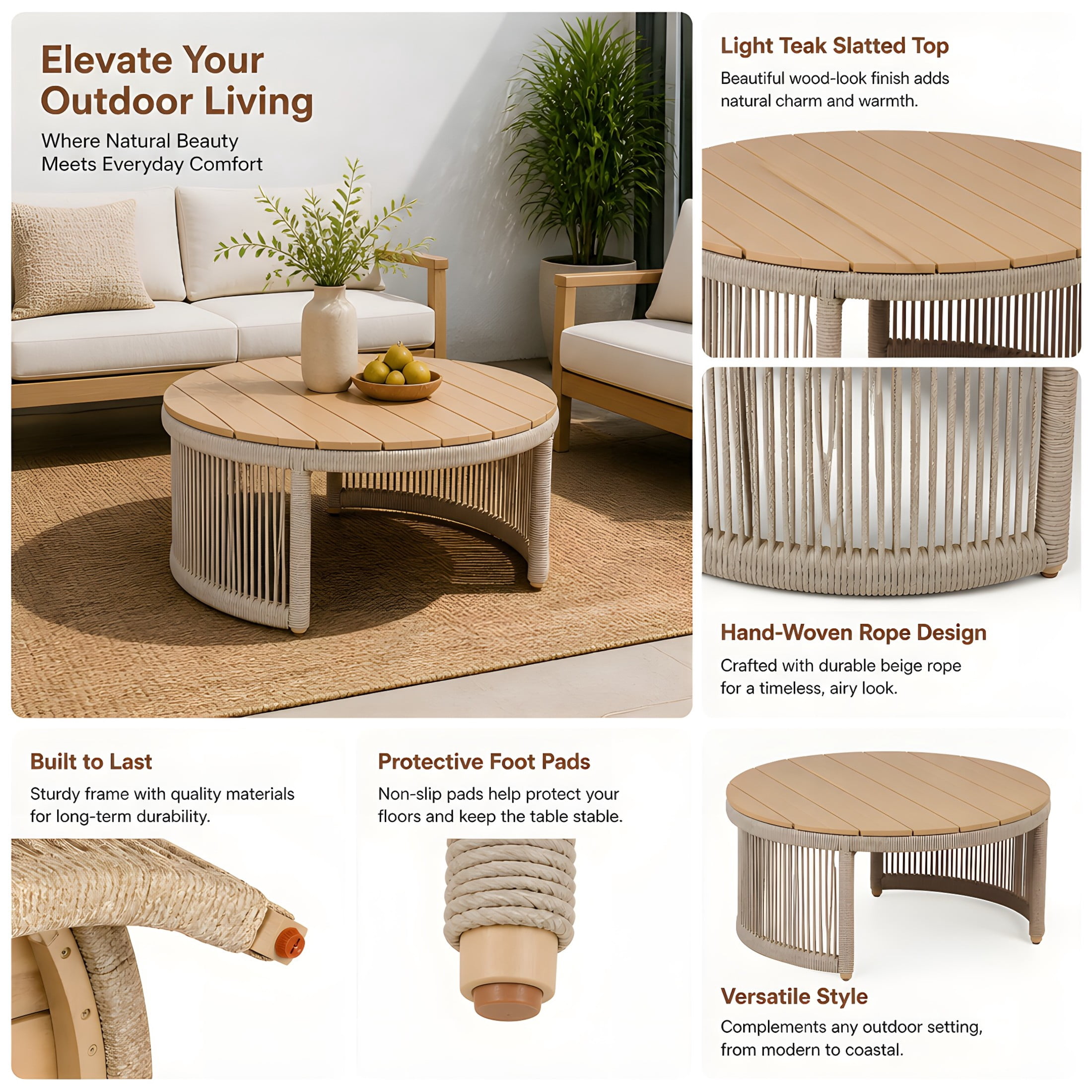 Christopher Knight Home 3-Piece Patio Conversation Set, Rope Accent Seating with Cushions, Light Teak+Cream