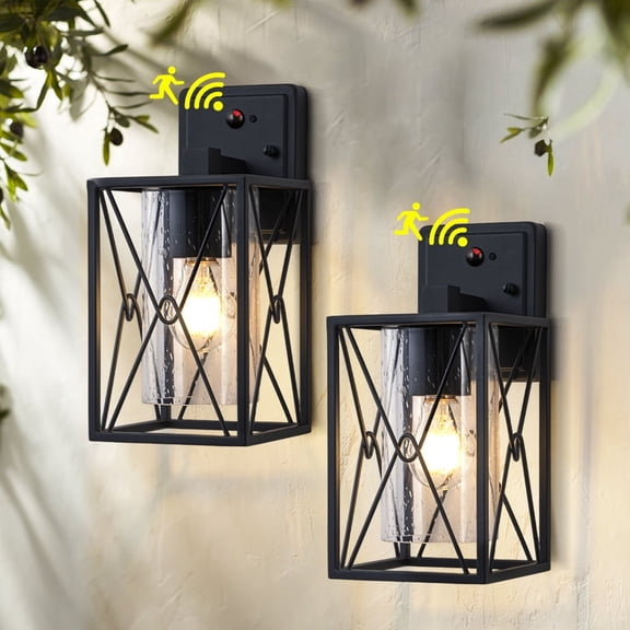 Farmhouse Black Motion Sensor Outdoor Wall Lantern Set of 2
