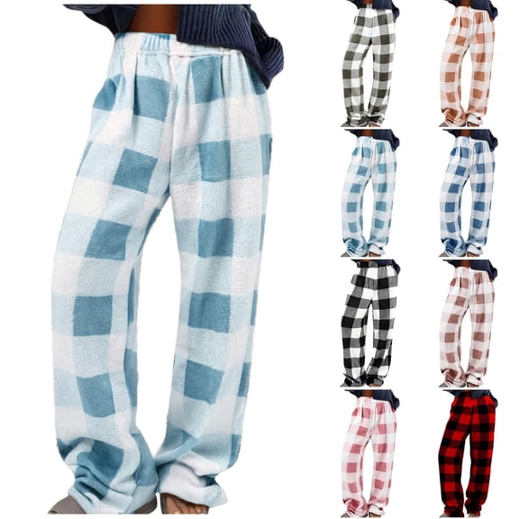 ZyeKqe Pajama Pants for Women Plus Size Plaid Fuzzy Fleece Sleepwear Pants Flannel Warm Pjs Bottoms Loungewear