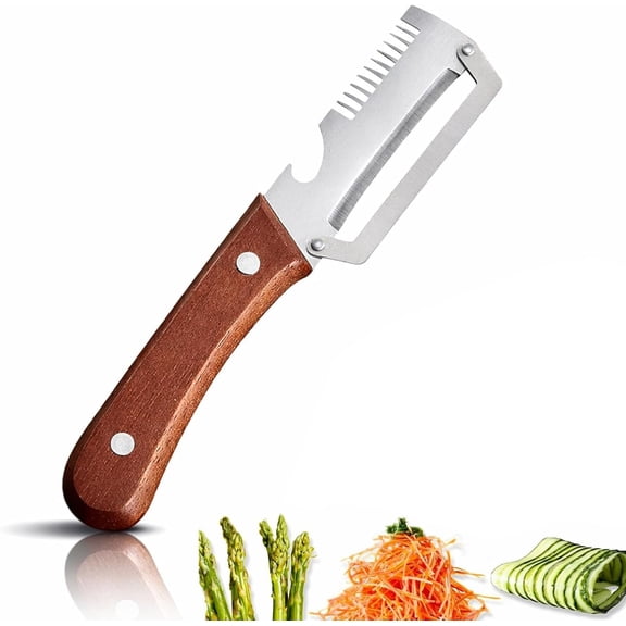 Multifunctional Vegetable Peeler，With wooden handle & bottle opener and grater 3 in 1 kitchen gadgets for potatoes pumpkinsp garlic sugarcane pineapples carrots and other vegetables or fruits