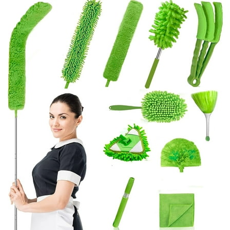 12pcs Microfiber Duster Kit for High Ceiling, Extendable Dusters for Cleaning with 100" Extension Pole, Long Feather Duster for Fan/Car, House Cleaning Tool Kit by Hewitto
