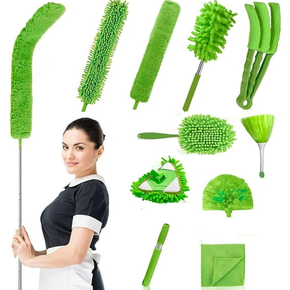 12pcs Microfiber Duster Kit for High Ceiling, Extendable Dusters for Cleaning with 100" Extension Pole, Long Feather Duster for Fan/Car, House Cleaning Tool Kit by Hewitto