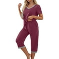 thumbnail image 3 of Zanvin Womens High Waisted Linen Capris Pants, Women's Short Sleeve V-Neck Top Cropped Pants Print Suit, Quickly Dried, Soft and Breathable, Wine, XL, 3 of 8