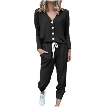 Hinvhai Women Pajamas Set Lounge Set 2-Piece Sleepwear Nightwear Soft Pjs Set Black XL(XL)