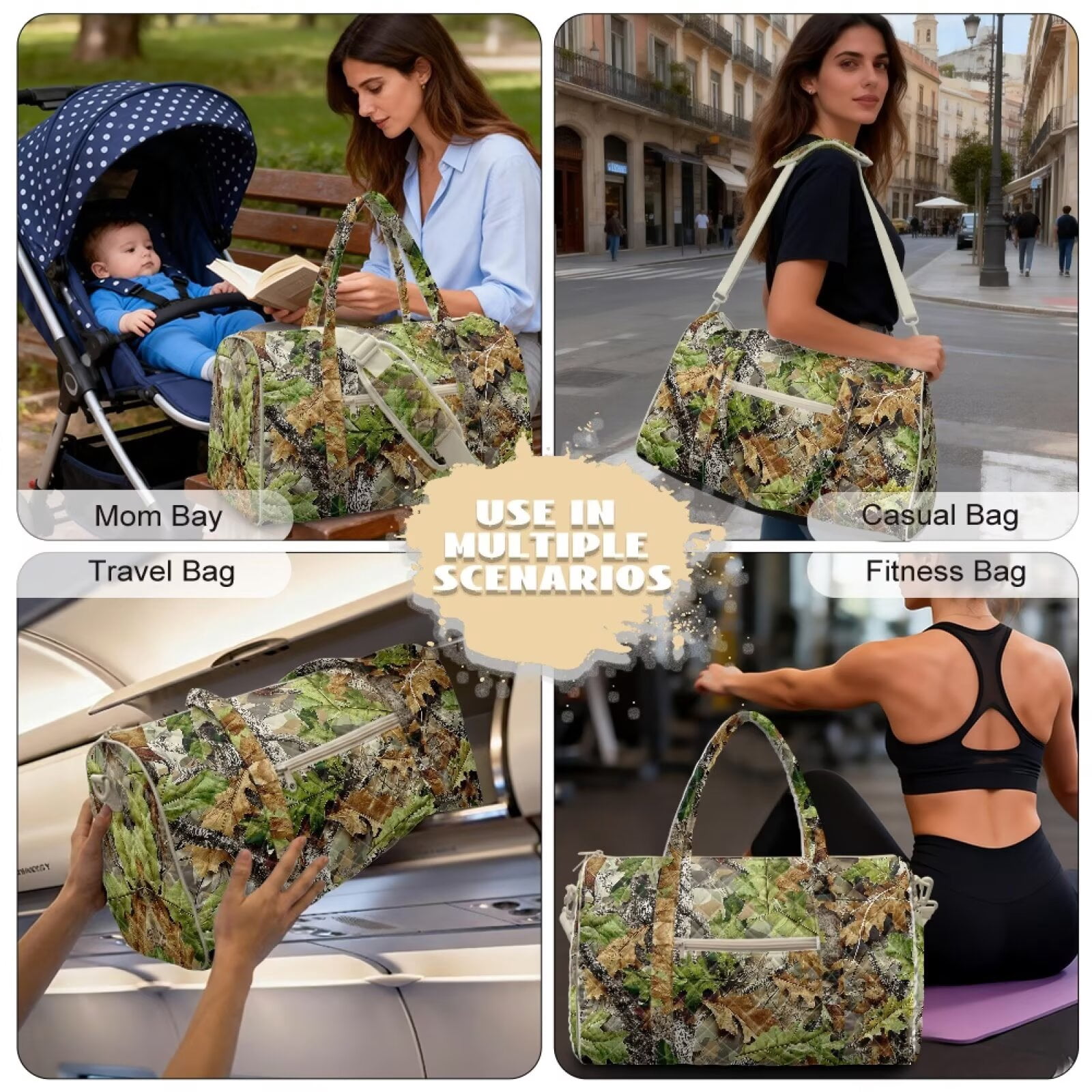 Pzuqiu Camo Hunting Large Quilted Weekender Bag for Women Lightweight Puffer Duffle Carry-On Tote with Adjustable Strap for Travel, Gym, Overnight Trips Portable Travel Bags