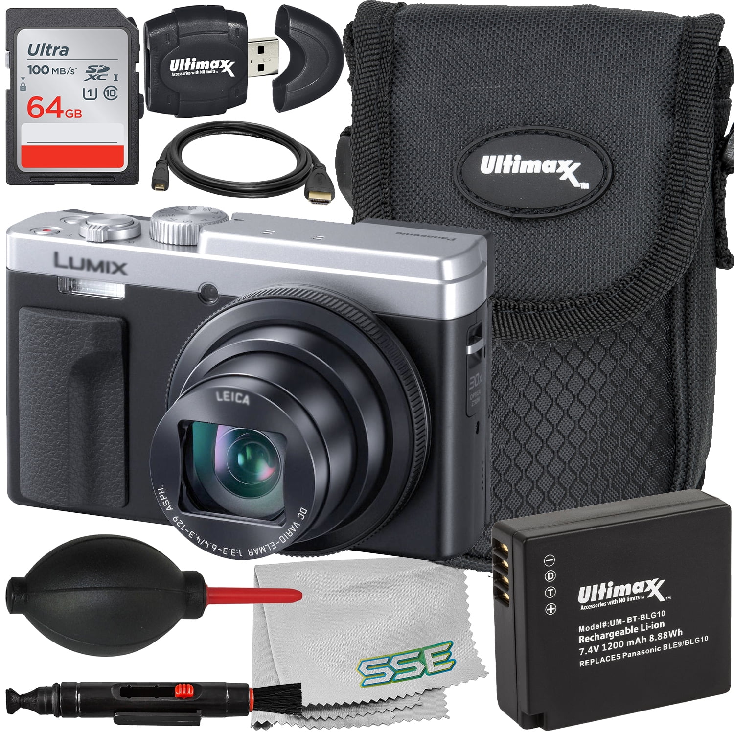 Ultimaxx Essential Panasonic Lumix DC-TZ95D Camera Bundle (Silver)  Includes: Replacement Battery, 64GB Ultra SDXC, High-Speed Memory Card  Reader  More (13pc Bundle)