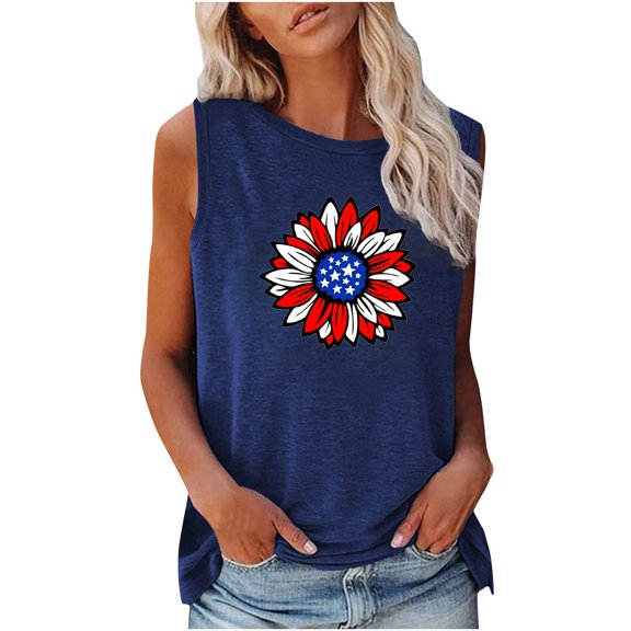 Usmisi 4th of July Tank Tops Independence Day Patriotic Graphics Loose Fit Shirts Vest Womens Fashion Sunflower US Flag Print Crewneck Sleeveless Summer Blouses Navy l
