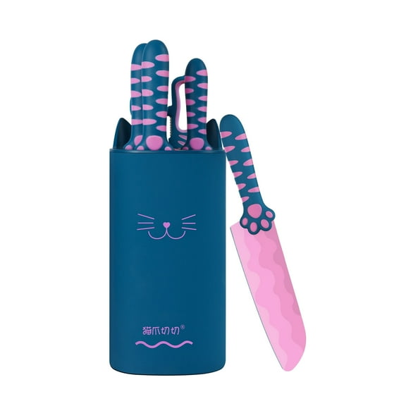 Meowkit 5-Piece Kitchen Knife Set with Knife Block, Stainless Steel Blades with Nonstick Coating Blue