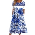 thumbnail image 2 of YueHuiYing Women's Summer Casual Blue-and-White Porcelain Print Short-Sleeve Round-Neck Knee-Length Dress, 2 of 7