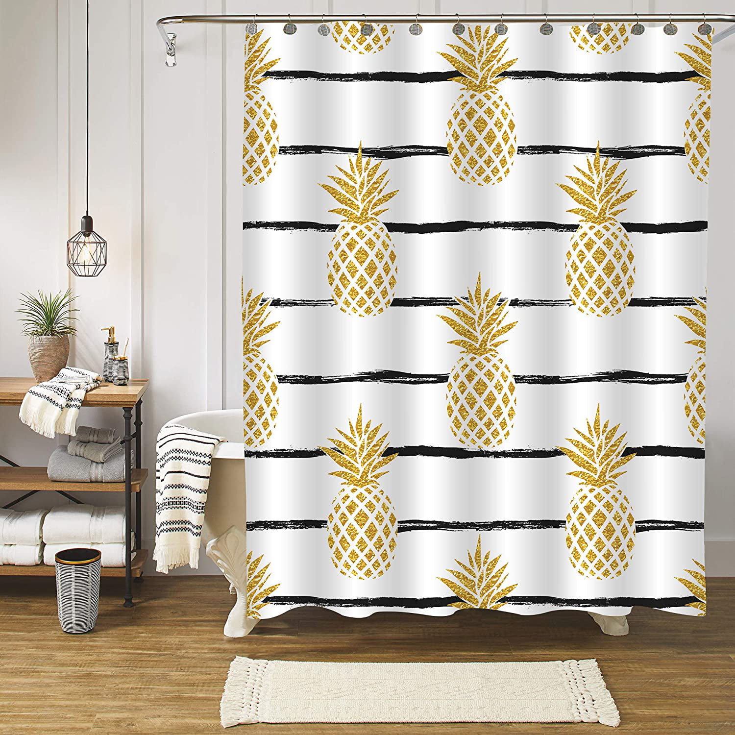 Room Essentials Black/White 72"x72" Pineapple Shower Curtain New 