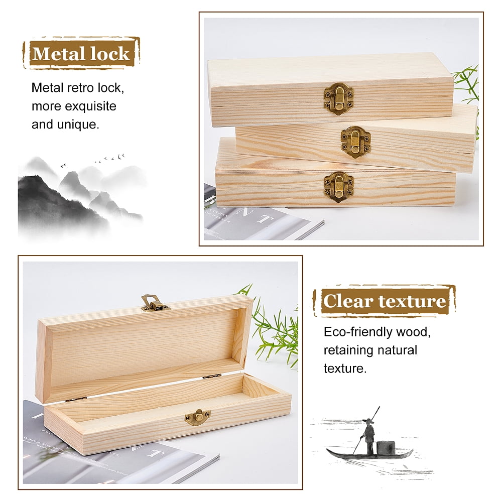 4 pc Pine Storage Box Pencil Box with Iron Findings Rectangle Blanched Almond 20.9x7.95x3.7cm Inner Diameter: 19.6x5.6cm