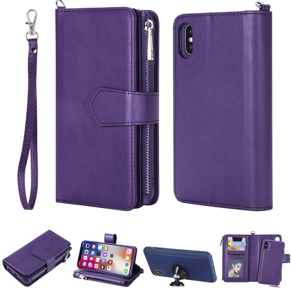 iPhone XS Max Wallet Case, iPhone XS Max Stand Cover, Allytech Premium PU Leather Wallet Purse Zipper Pocket With 6 Card Slots, Detachable Magnetic Back Case for Apple iPhone XS Max, Purple