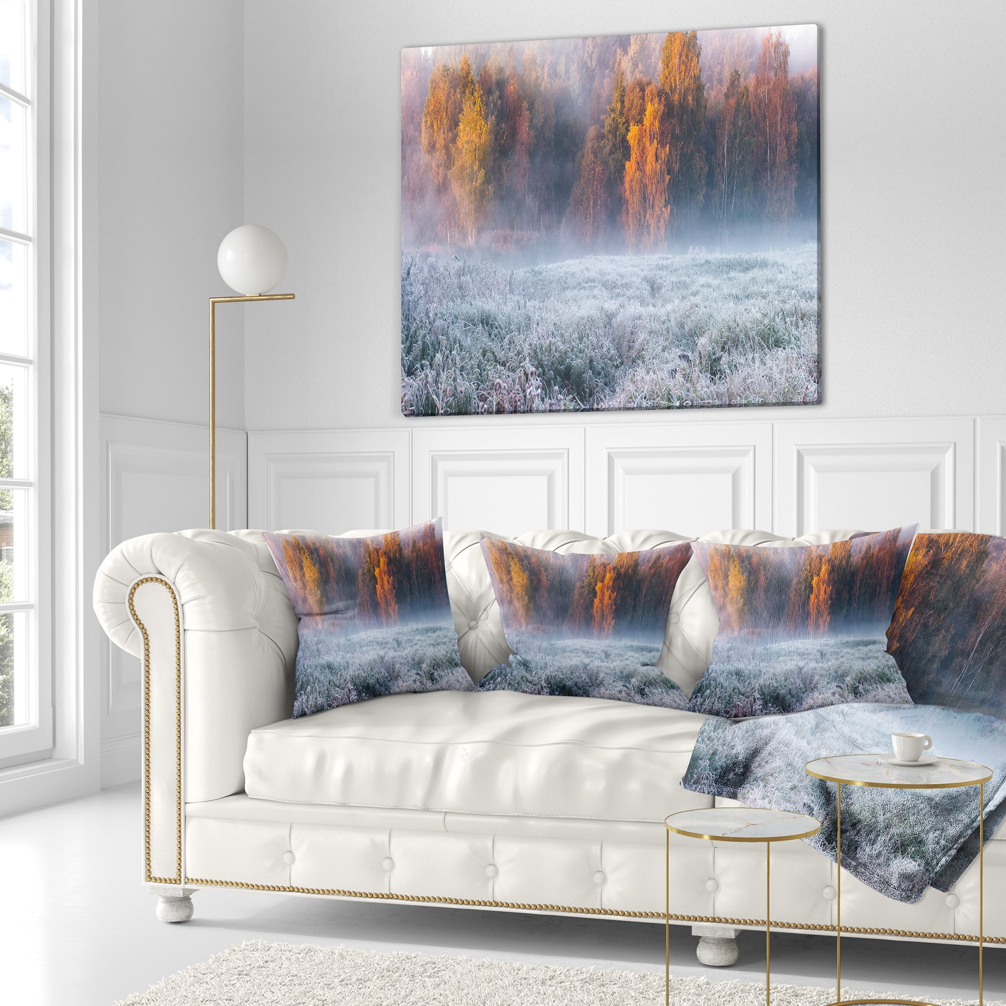 Designart Grey Hoarfrost Design by Winter - Landscape Printed Throw Pillow - 16x16