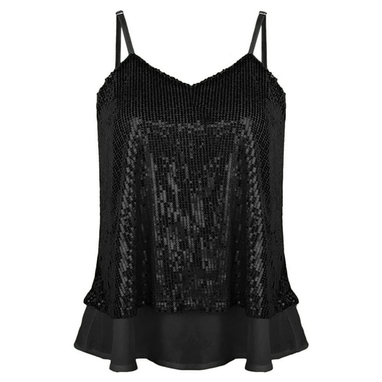 Gureui Women Sequins Camisloes Sleeveless Sheer Mesh Stiching Adjustable  Strap Shiny Tank Tops Party Club Clothes 