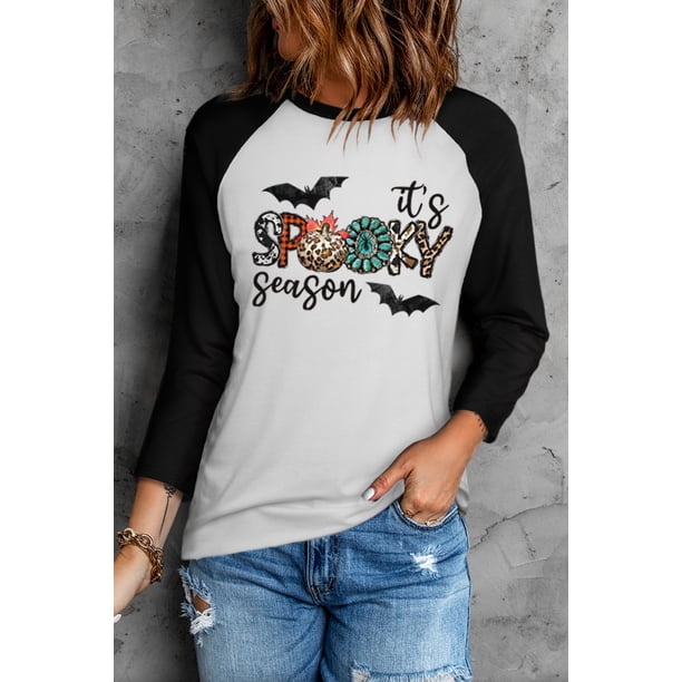 ABPHQTO Camiseta negra de manga larga con estampado gráfico espeluznante para mujer