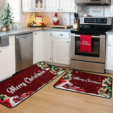 

ADXFWORU Christmas Kitchen Carpet (2 Pieces) Merry Christmas Kitchen Carpet Washable Cushion Comfortable Kitchen Carpet Set