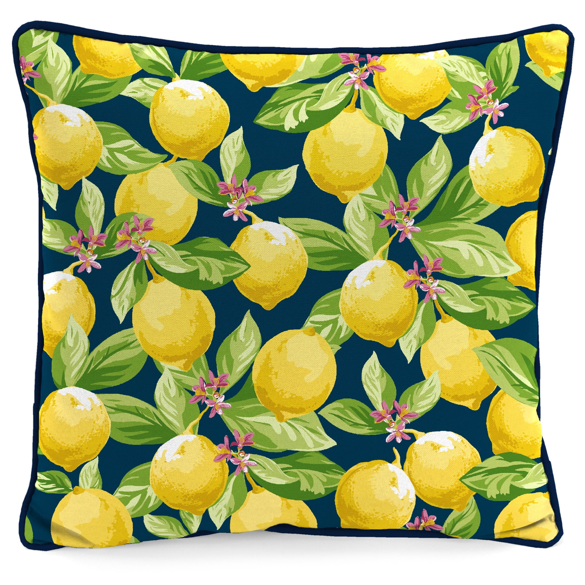Jordan Manufacturing 16" x 16" Lemons Navy Fruit Square Outdoor Throw Pillow with Welt
