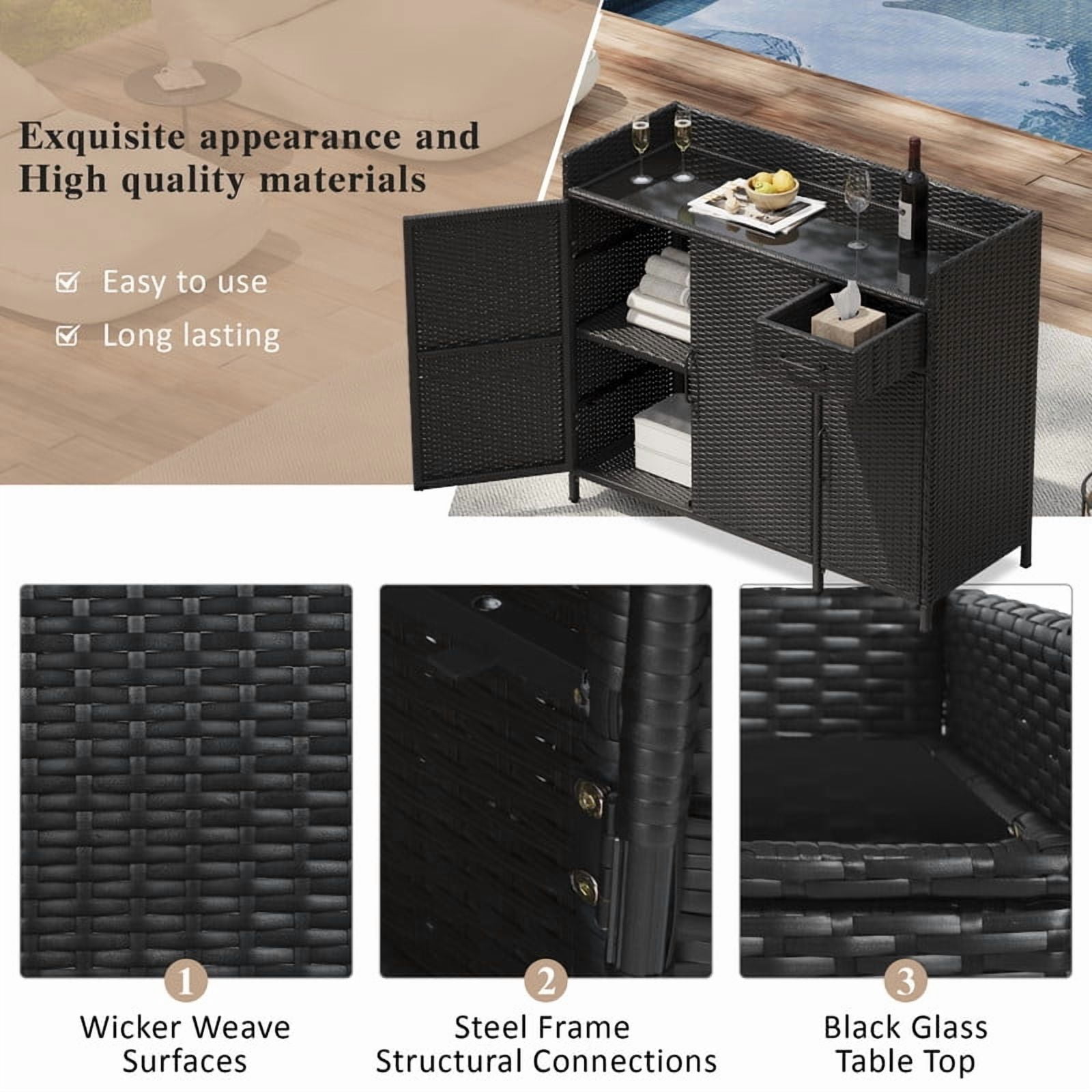 Wicker Outdoor Kitchen Island with Tempered Glass Desktop and Adjustable Shelf, Rattan Bar Table Storage Cabinet with 1 Drawer and 3 Doors
