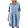 thumbnail image 5 of CFLVAEK Cotton Linen Dresses for Women with Pockets Casual Short Sleeve Pleated Dress Solid Scoop Neck Summer Midi Dresses Light Blue S, 5 of 9