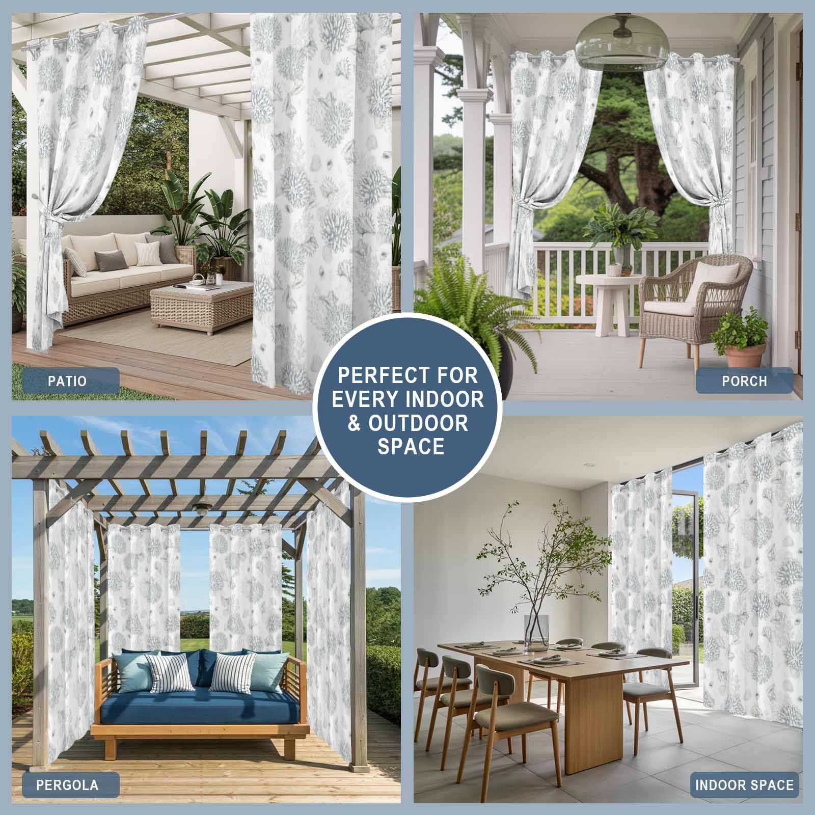 Summer Marine Life Outdoor Curtains for Patio, Abstract Line Drawing Coral Conch Coastal Sunshade Privacy Drapes Grommet Waterproof Outside Curtains for Porch/Cabana/Balcony 54"x 108", 1 Panel