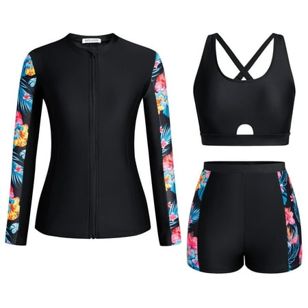 Hwmodou Kids Girls 3 Piece Rash Guard Swimsuit Set Long Sleeve Top+Bandeau+Boyshorts Bathing Suits Push Up Bikini Sets For Tween Girl