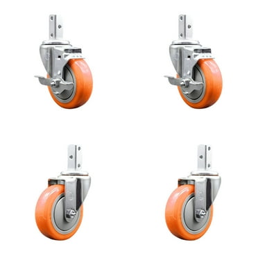4 Inch Orange Polyurethane Wheel Swivel 3/4 Inch Square Stem Caster Set 2 Brakes