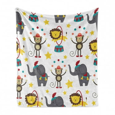 Circus Soft Flannel Fleece Throw Blanket, Doodle Design of Juggler Monkey and Lion Passing Through Ring Theme, Cozy Plush for Indoor and Outdoor Use, 50" x 70", Multicolor, by Ambesonne