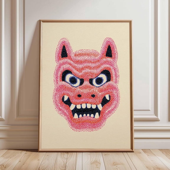 Japanese Oni Mask Pop Art Print Bold Red Demon Wall Art Poster Modern Graphic Decor Asian Mythology Artwork Striking Statement Print