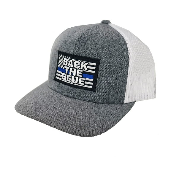 Trenz Shirt Company Back The Blue American Flag Adult Trucker Hat-Heather Grey/White
