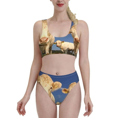 Bixox Cows Cattles Pattern Two-Piece Sports Bikini with U-Shaped Top and High-Waist Bottom - Women s Swimwear with Removable Bra Pads