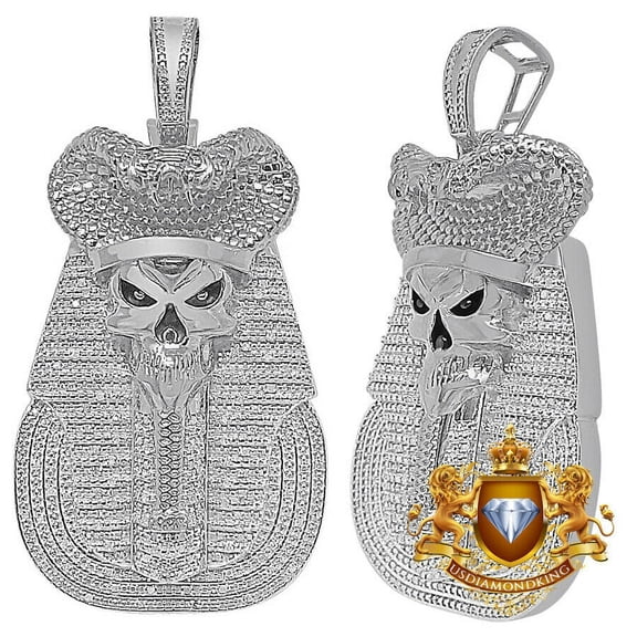 31 Grams Real Diamond Egyptian King Tut Death Skull Pharaoh Charm Pendent 2.5'' Over White Gold Finish
