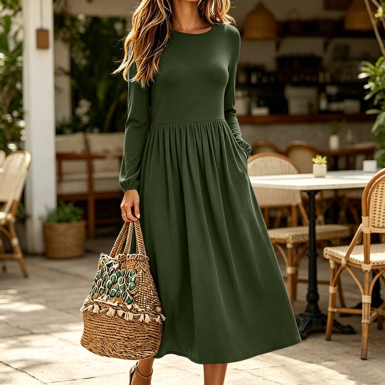 shift dress in winter Ukhccc Women's Casual Loose Fit Long Sleeve Midi with Pockets Soft Flowy A-Line Silhouette for Work Office Daily Wear S-2xl, Size V Neck Black Lace Womens Clearance size features are US Child Size:child-4