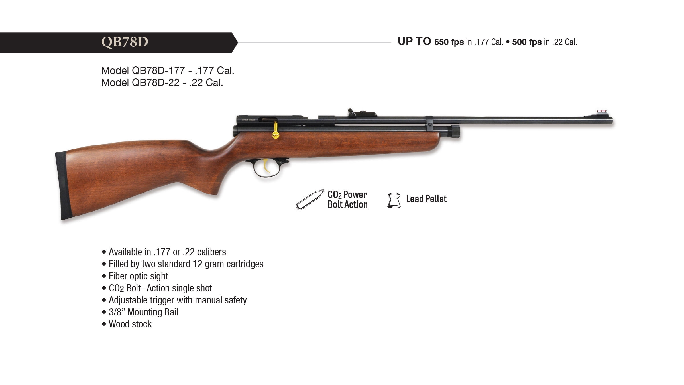 Beeman QB78D-177 Deluxe .177 CO2 Bolt Action Rifle with Wood Stock and Fiber Optic Sights