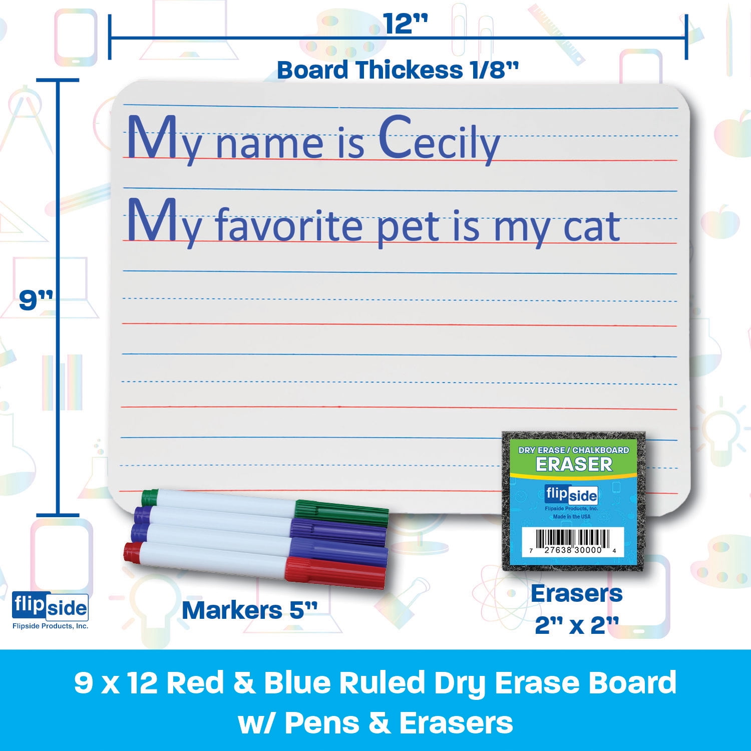 Flipside Products Two-Sided Dry Erase Boards, Red & Blue Ruled/Plain, 9" x 12", with Colored Pens & Student Erasers, Class Pack 12