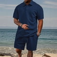 thumbnail image 2 of USNSM Men's Casual Short Sleeve Shorts Elastic Waist Drawstring Lapel Solid Color Suit Summer Soft Breathable Sports Sets Blue XL, 2 of 6