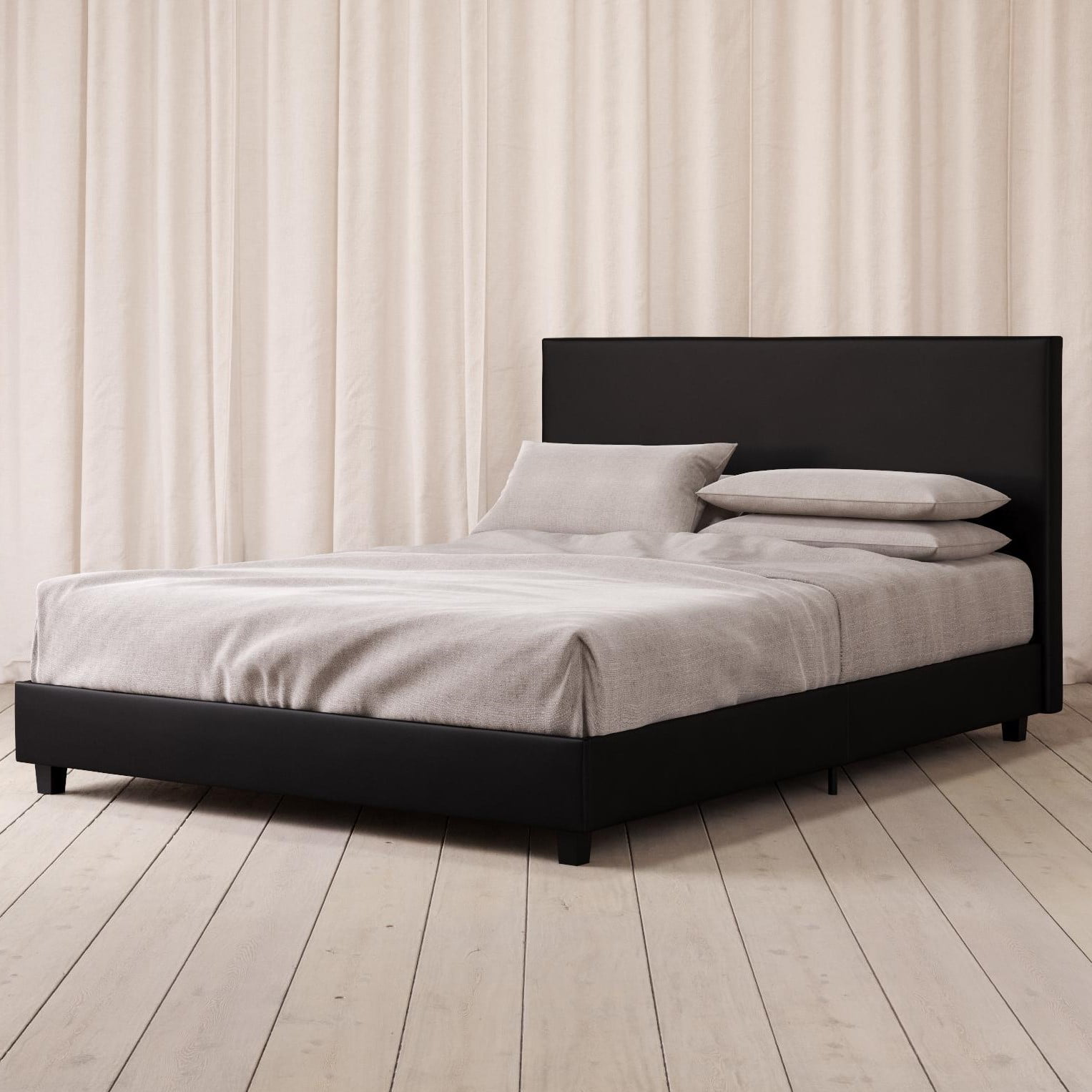 Mainstays Upholstered Bed Queen Bed Frame Black Faux Leather