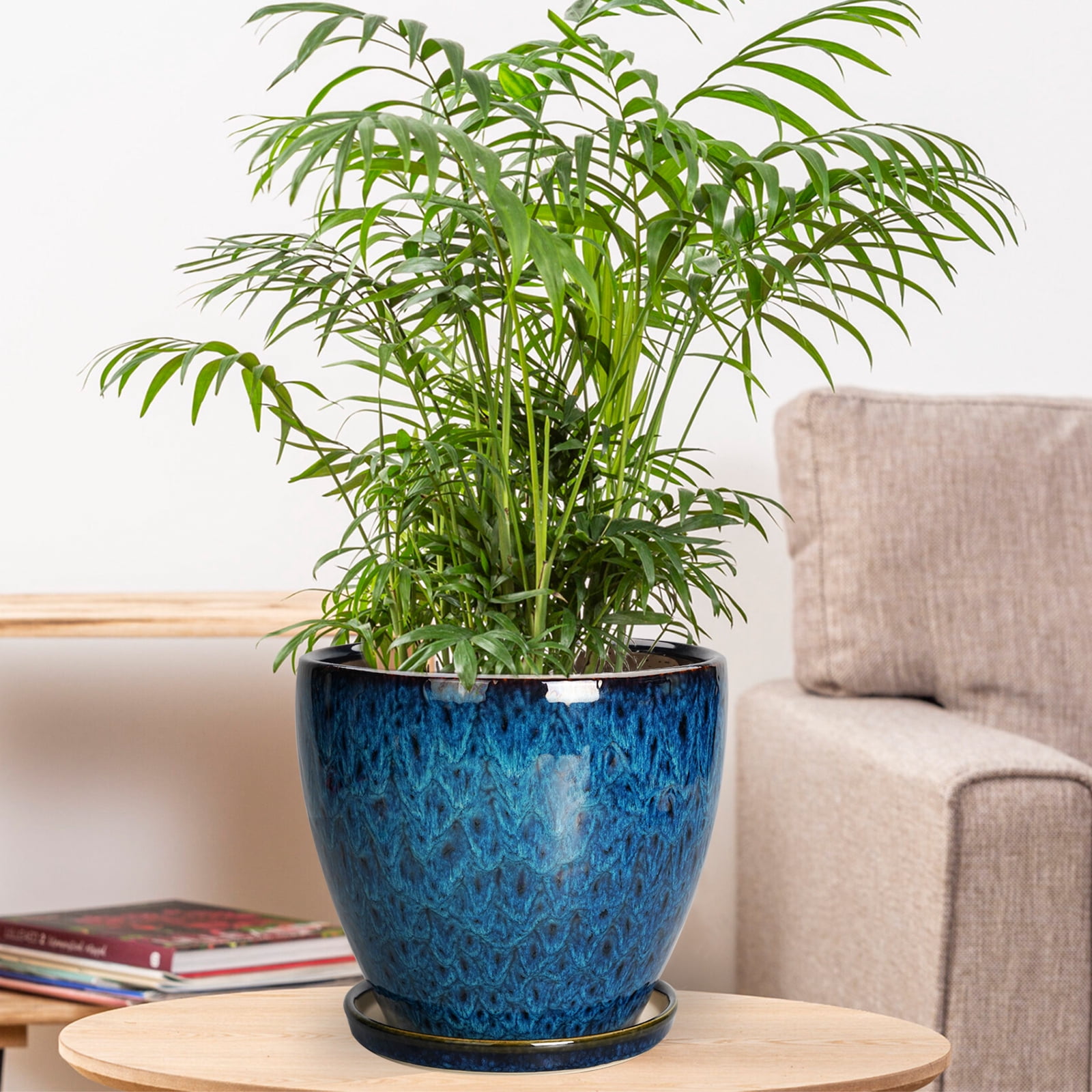 8 inch Blue Ceramic Planter with Drainage Hole & Saucer,Modern Reactive Glaze Flower Pot for Indoor Outdoor Large Plants, Home Decor & Patio
