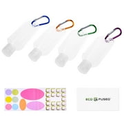Eco-Fused 4x Portable Travel Bottles - Up to 50 ML - For Liquid Soaps, Shampoo, Lotion, Sanitizers, Rubbing Alcohol - Also Includes 4x Carabiner, 1x Sticker Label Sheet