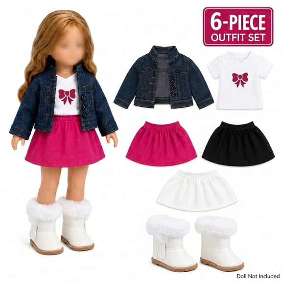 KuKeDi 6-Piece Doll Clothes Set for 18 inch Dolls, Jacket, 3 Skirts, Top & Boots