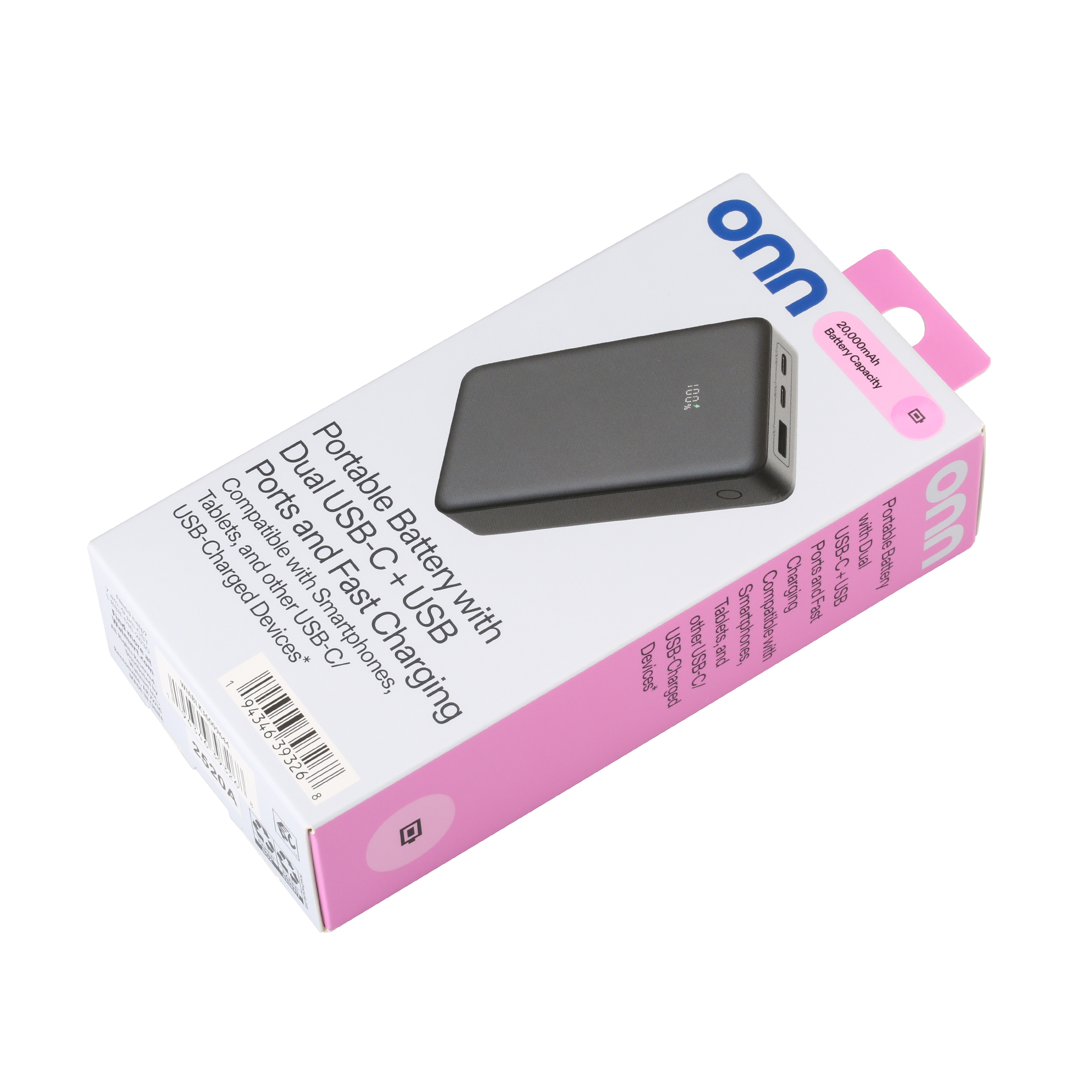 onn Batería Portátil 20,000 mAh con Carga Rápida (20W), Doble Puerto USB-C, Puerto USB, Pantalla LED Digital, Negro - Compatible con iPhone, iPad, AirPods, Samsung Galaxy, Note, Pixel y Más 5